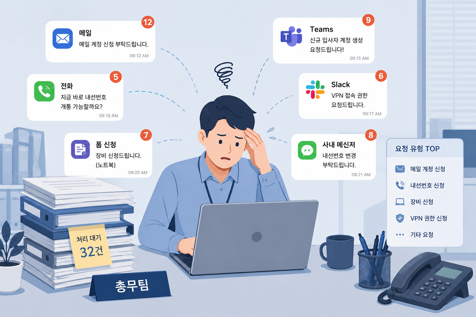 여러 채널로 다양한 요청 업무를 받고 있는 100인 이상 기업 총무 담당자